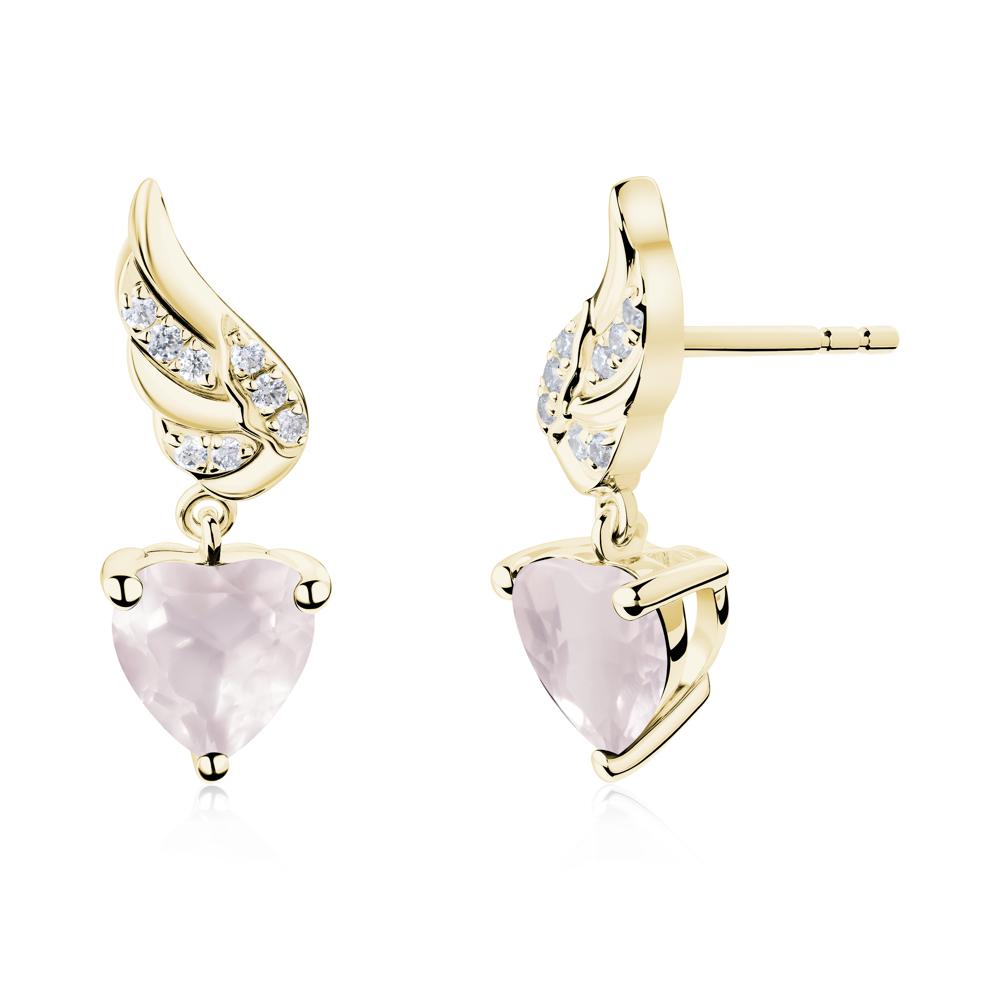 Angel Wing Heart Shaped Rose Quartz Stud Earrings - LUO Jewelry #metal_18k yellow gold