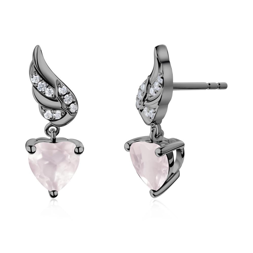 Angel Wing Heart Shaped Rose Quartz Stud Earrings - LUO Jewelry #metal_black finish sterling silver