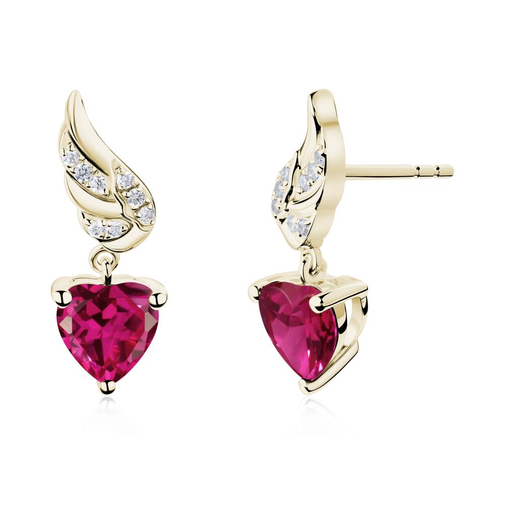Angel Wing Heart Shaped Ruby Stud Earrings - LUO Jewelry #metal_14k yellow gold