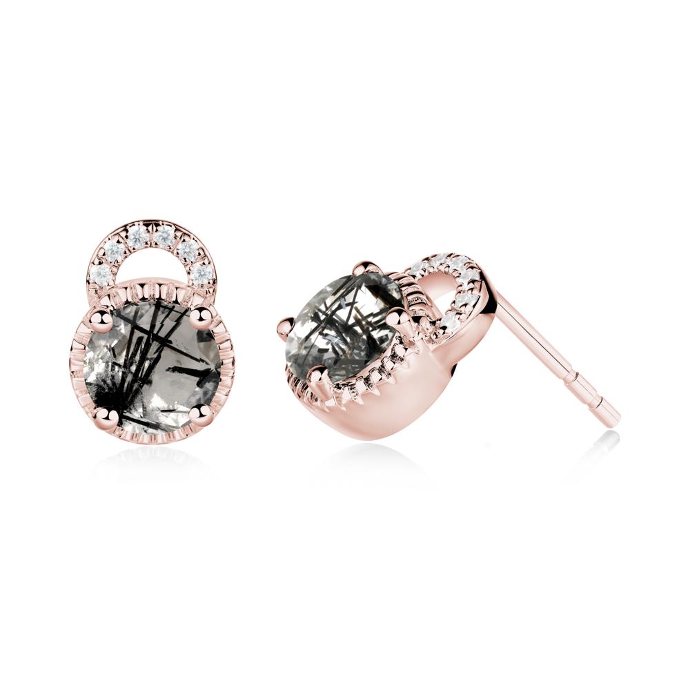 Round Cut Black Rutilated Quartz Halo Stud Earrings - LUO Jewelry #metal_18k rose gold
