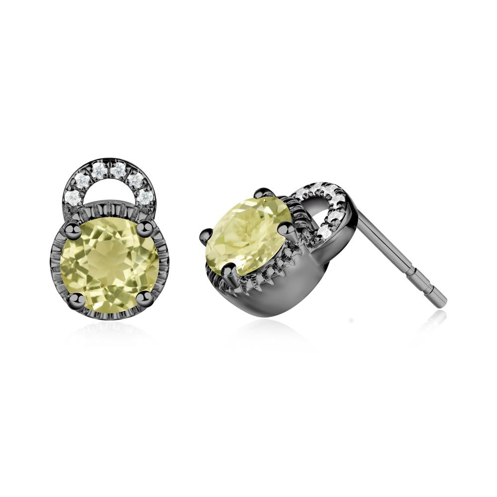 Round Cut Lemon Quartz Halo Stud Earrings - LUO Jewelry #metal_black finish sterling silver