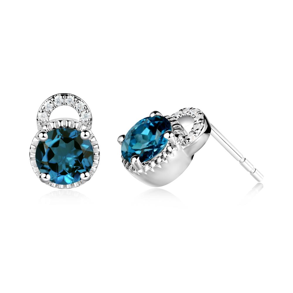 London Blue Topaz Stud Earrings with Decorative Halo - LUO Jewelry #metal_14k white gold