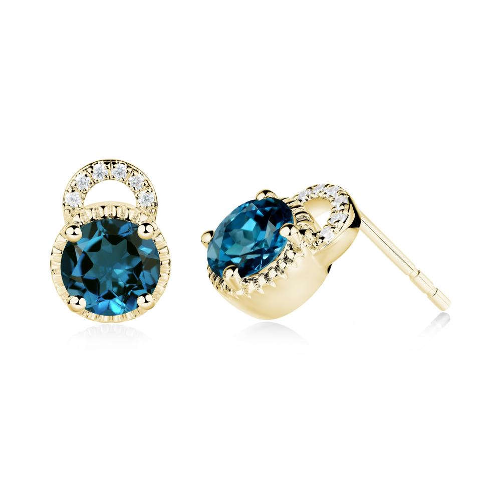 London Blue Topaz Stud Earrings with Decorative Halo - LUO Jewelry #metal_18k yellow gold