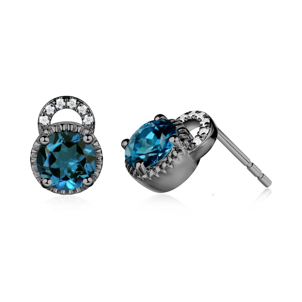 London Blue Topaz Stud Earrings with Decorative Halo - LUO Jewelry #metal_black finish sterling silver