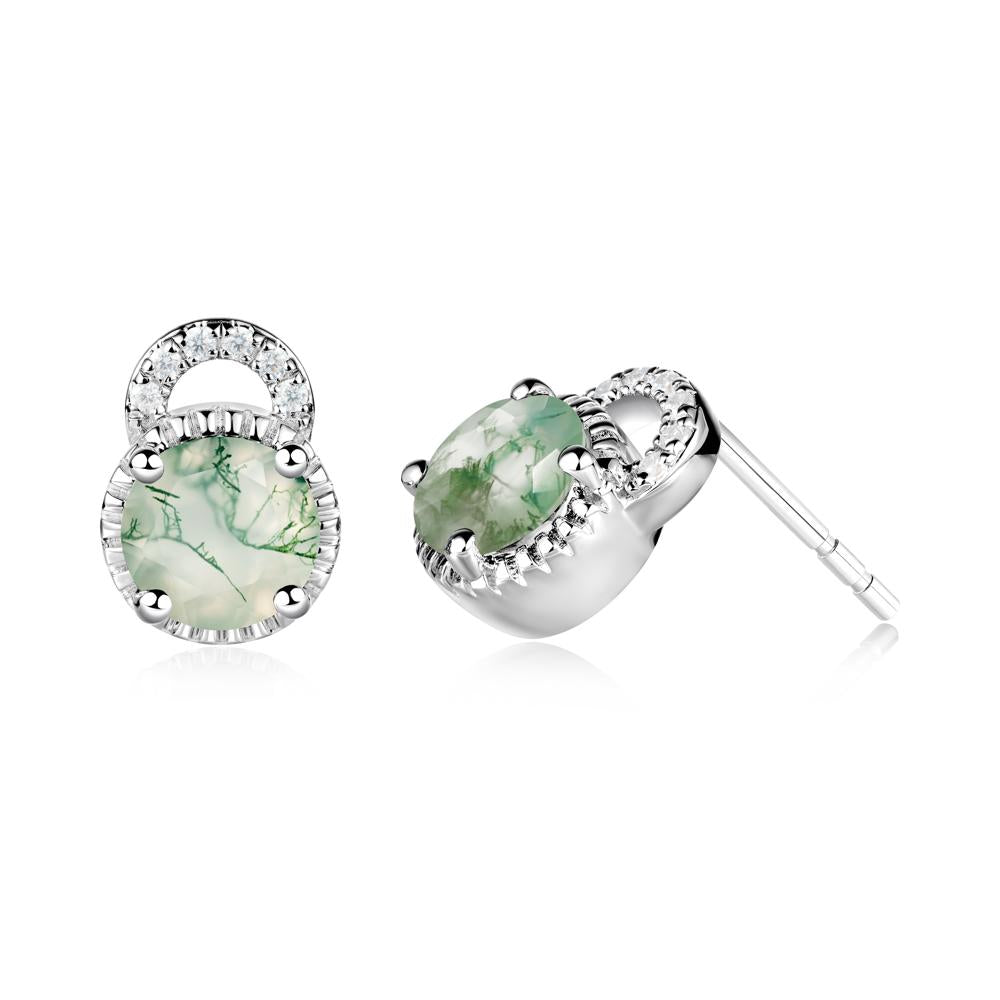 Moss Agate Stud Earrings with Decorative Halo - LUO Jewelry #metal_18k white gold