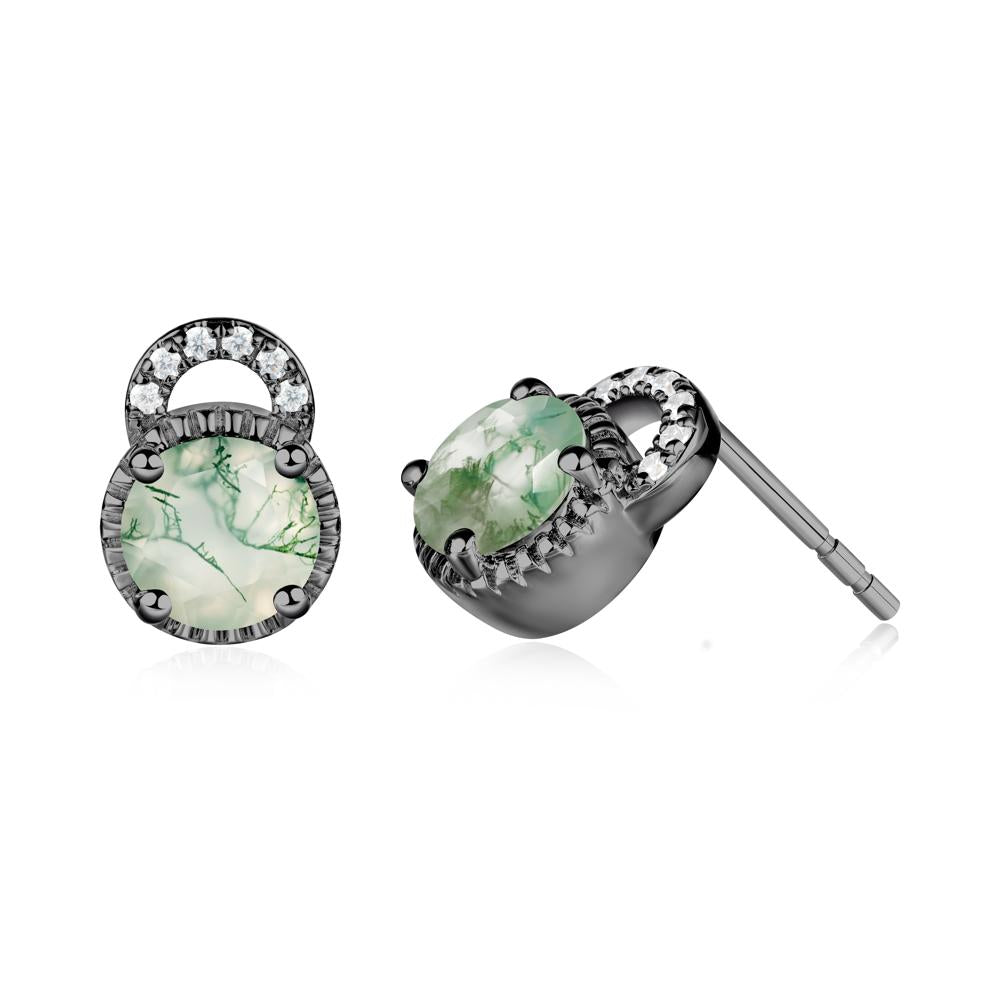 Moss Agate Stud Earrings with Decorative Halo - LUO Jewelry #metal_black finish sterling silver