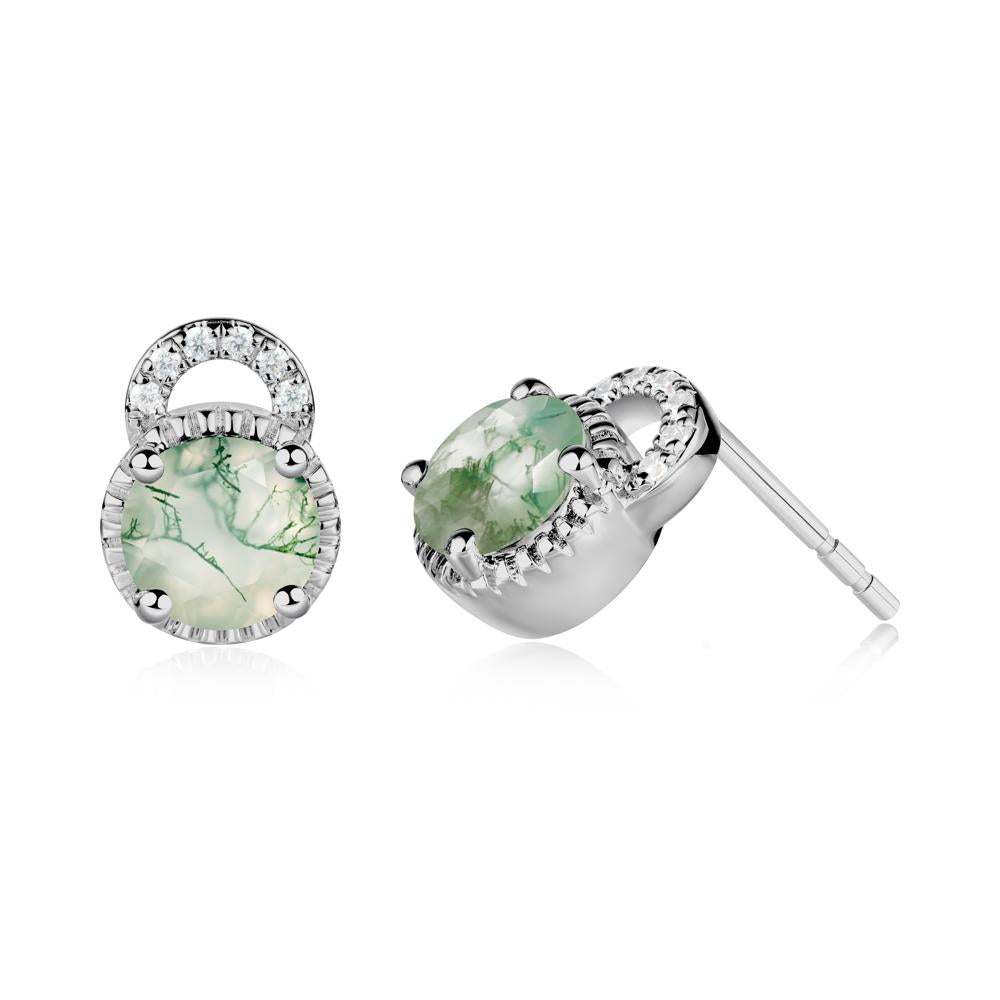 Moss Agate Stud Earrings with Decorative Halo - LUO Jewelry #metal_platinum