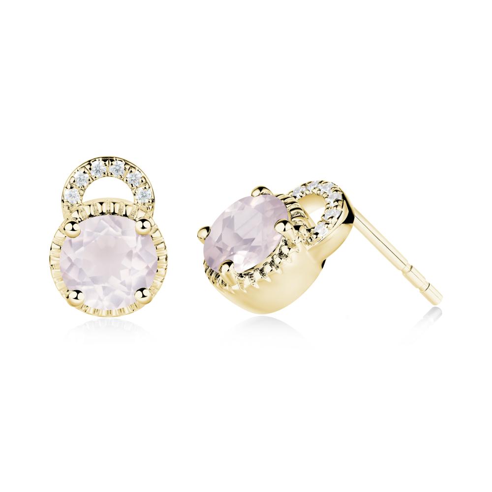 Rose Quartz Stud Earrings with Decorative Halo - LUO Jewelry #metal_18k yellow gold
