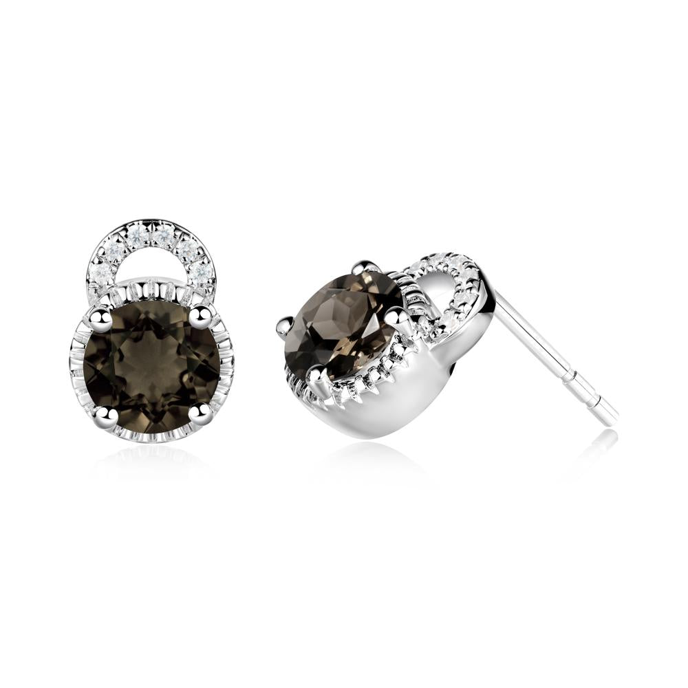 Round Cut Smoky Quartz Halo Stud Earrings - LUO Jewelry #metal_14k white gold