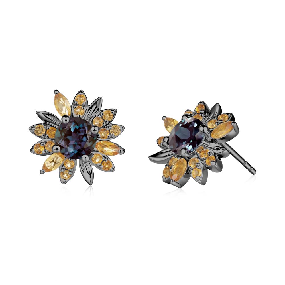 Sunflower Inspired Alexandrite and Citrine Stud Earrings - LUO Jewelry #metal_black finish sterling silver