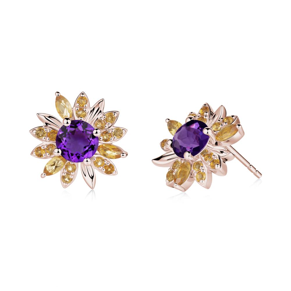 Round Amethyst and Citrine Sunflower Stud Earrings - LUO Jewelry #metal_14k rose gold