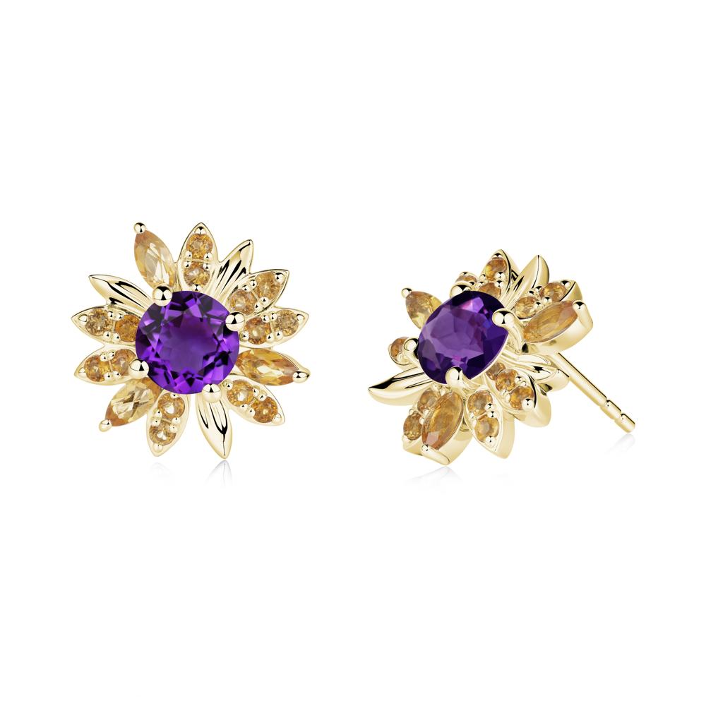 Round Amethyst and Citrine Sunflower Stud Earrings - LUO Jewelry #metal_18k yellow gold
