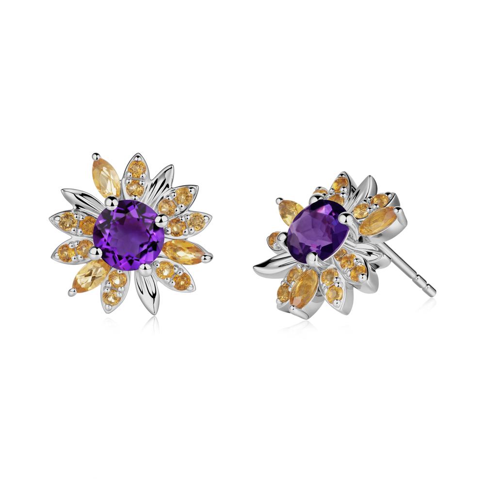 Round Amethyst and Citrine Sunflower Stud Earrings - LUO Jewelry #metal_platinum