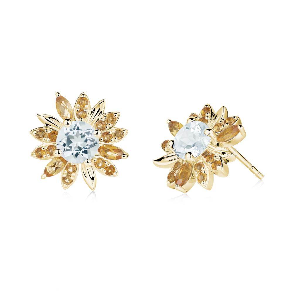 Round Aquamarine and Citrine Sunflower Stud Earrings - LUO Jewelry #metal_18k yellow gold