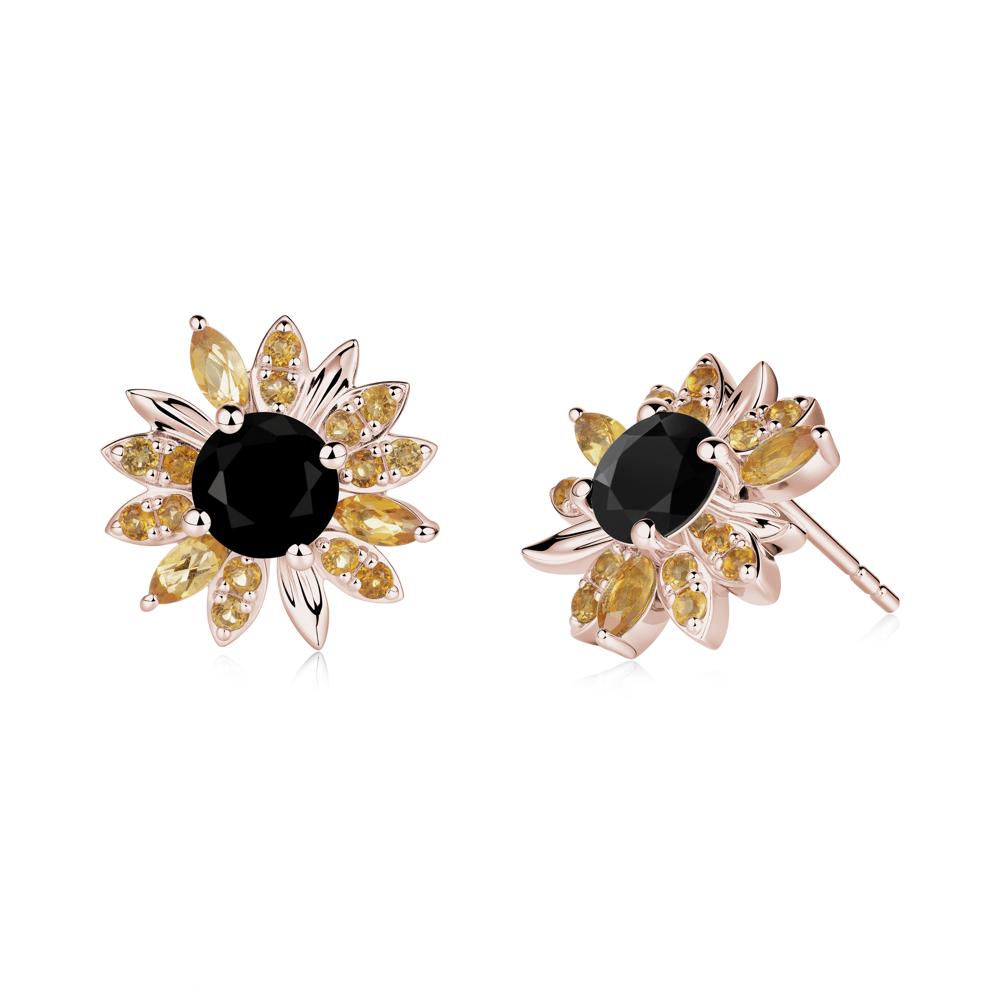 Black Spinel and Citrine Sunflower Pendant Earrings - LUO Jewelry #metal_14k rose gold