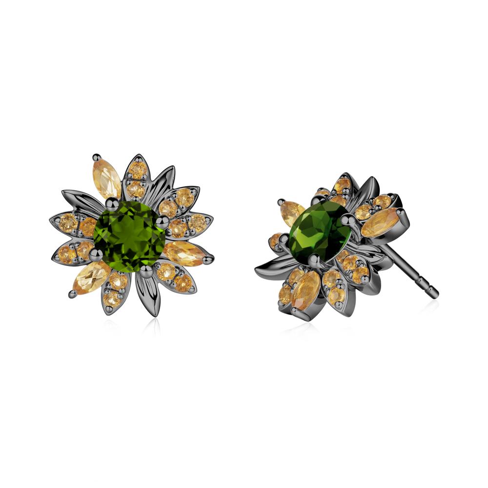 Round Diopside and Citrine Sunflower Stud Earrings - LUO Jewelry #metal_black finish sterling silver