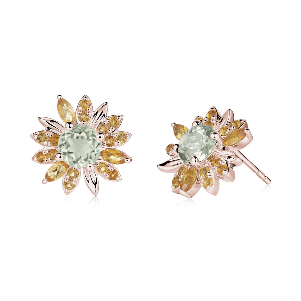 Sunflower Inspired Green Amethyst and Citrine Stud Earrings - LUO Jewelry #metal_14k rose gold
