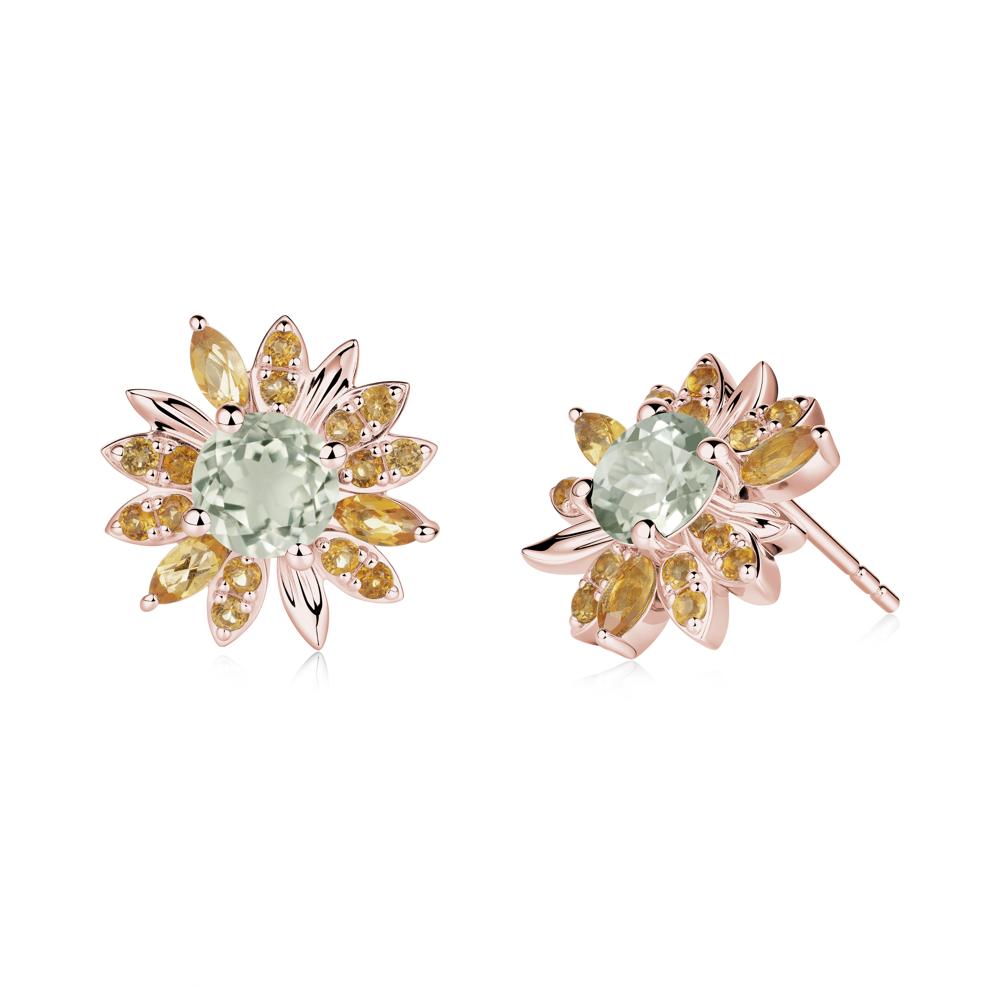 Sunflower Inspired Green Amethyst and Citrine Stud Earrings - LUO Jewelry #metal_18k rose gold
