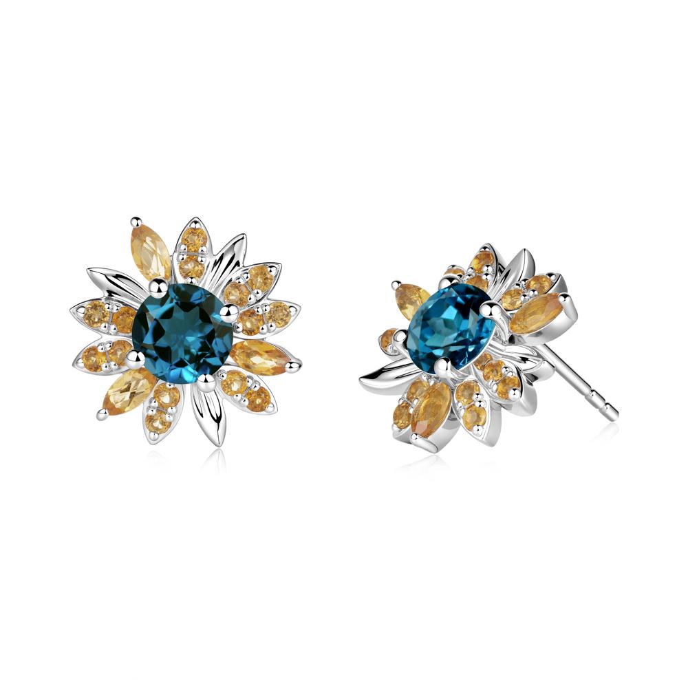 Round London Blue Topaz and Citrine Sunflower Stud Earrings - LUO Jewelry #metal_14k white gold
