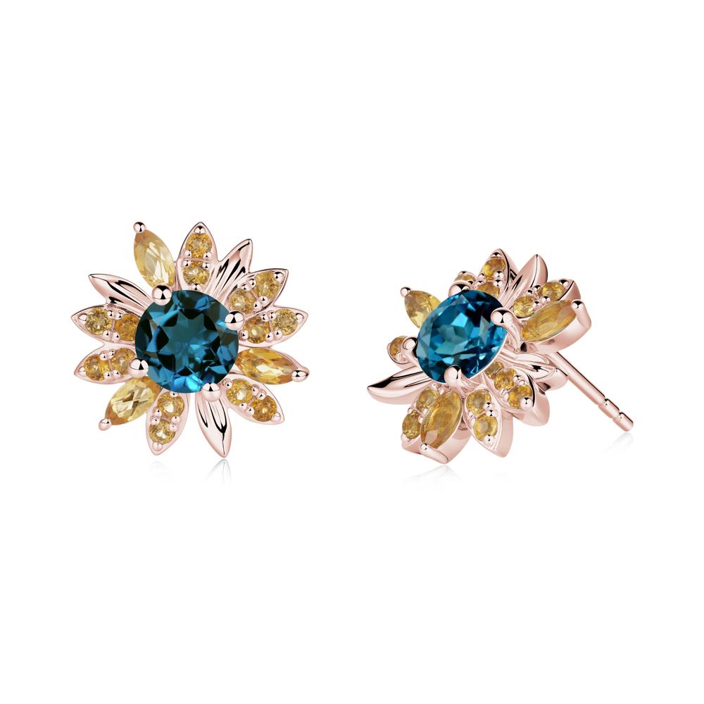 Round London Blue Topaz and Citrine Sunflower Stud Earrings - LUO Jewelry #metal_18k rose gold