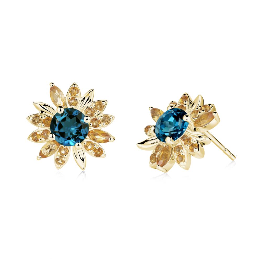Round London Blue Topaz and Citrine Sunflower Stud Earrings - LUO Jewelry #metal_18k yellow gold
