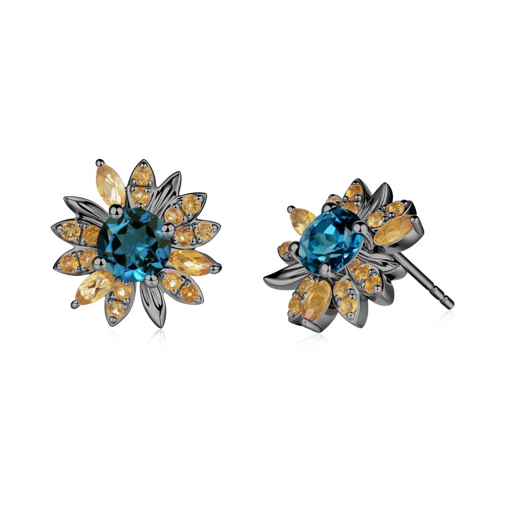 Round London Blue Topaz and Citrine Sunflower Stud Earrings - LUO Jewelry #metal_black finish sterling silver