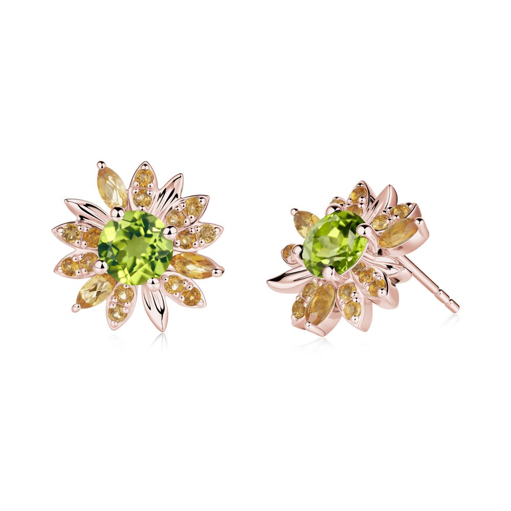Round Peridot and Citrine Sunflower Stud Earrings - LUO Jewelry #metal_18k rose gold