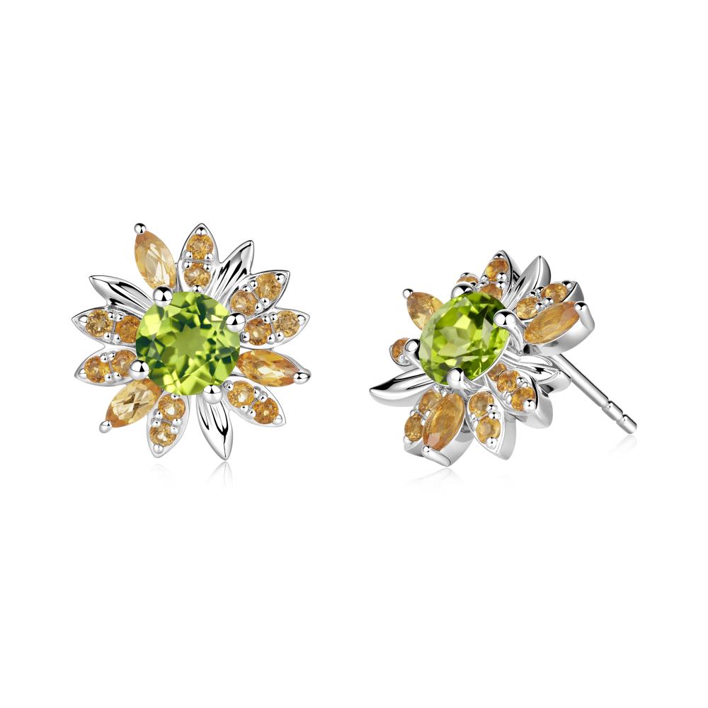 Round Peridot and Citrine Sunflower Stud Earrings - LUO Jewelry #metal_18k white gold