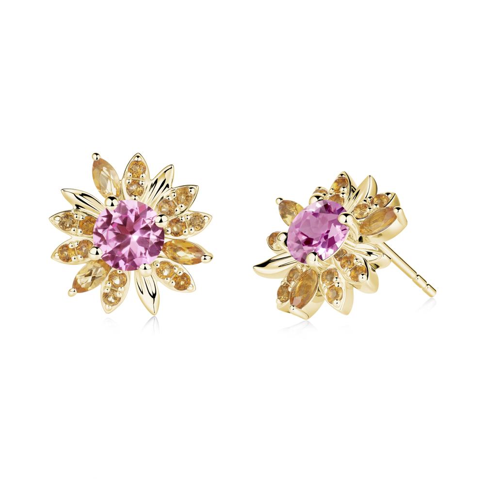 Round Pink Sapphire and Citrine Sunflower Stud Earrings - LUO Jewelry #metal_18k yellow gold