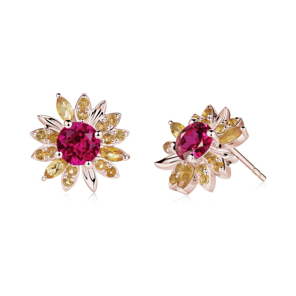 Sunflower Inspired Ruby and Citrine Stud Earrings - LUO Jewelry #metal_14k rose gold