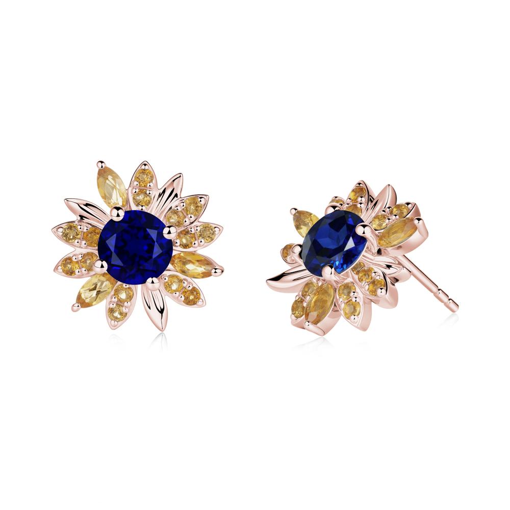 Round Sapphire and Citrine Sunflower Stud Earrings - LUO Jewelry #metal_18k rose gold