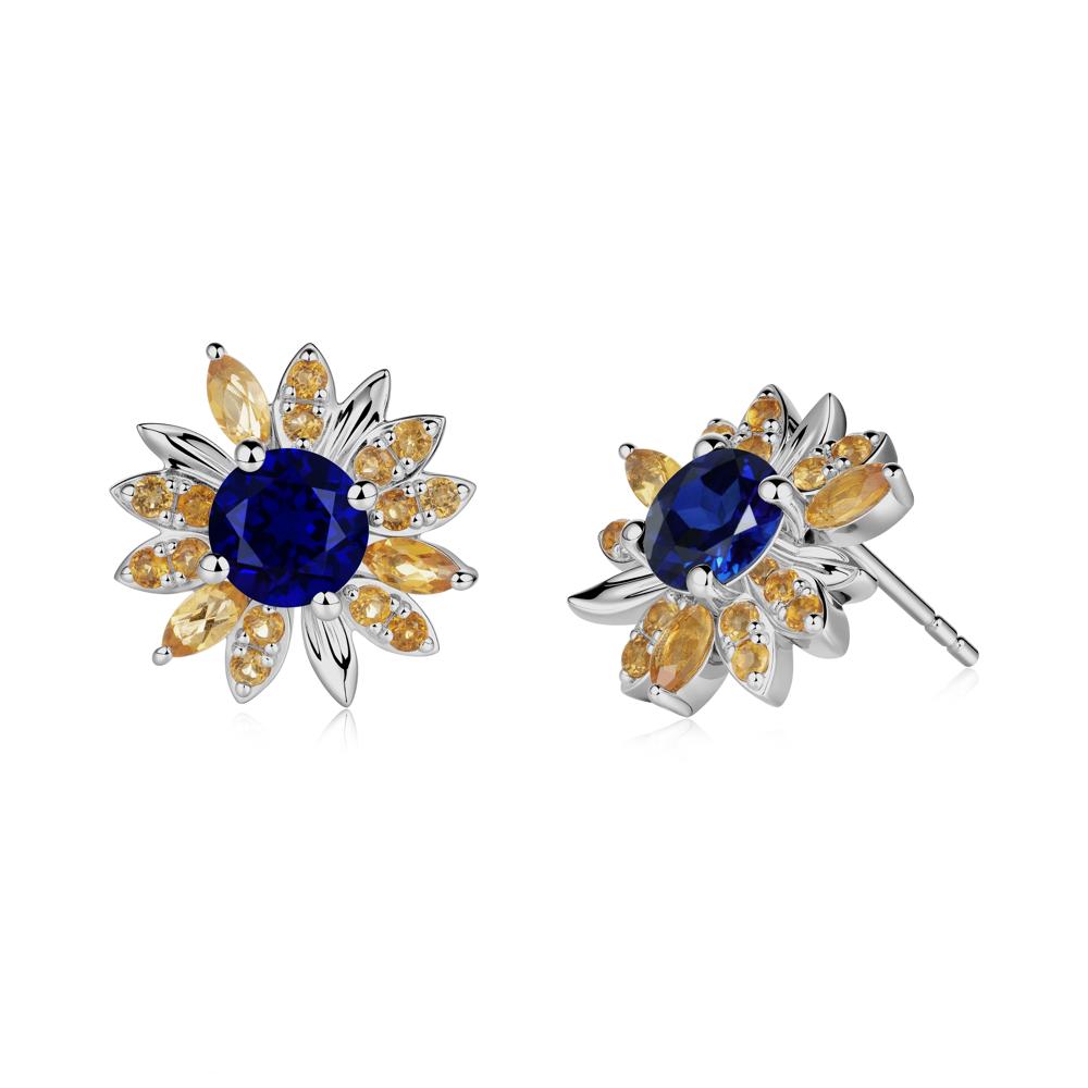 Round Sapphire and Citrine Sunflower Stud Earrings - LUO Jewelry #metal_platinum