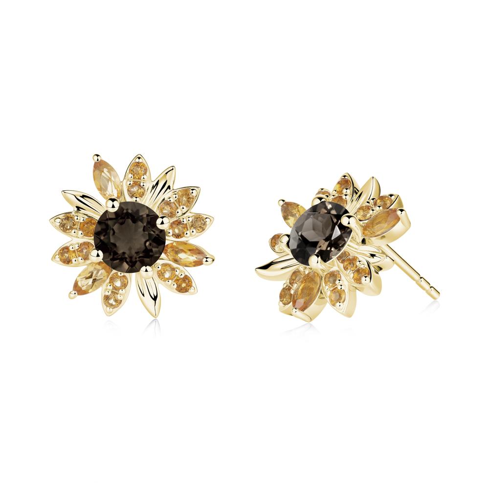 Round Smoky Quartz and Citrine Sunflower Stud Earrings - LUO Jewelry #metal_18k yellow gold