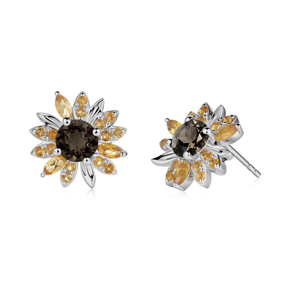 Round Smoky Quartz and Citrine Sunflower Stud Earrings - LUO Jewelry #metal_platinum