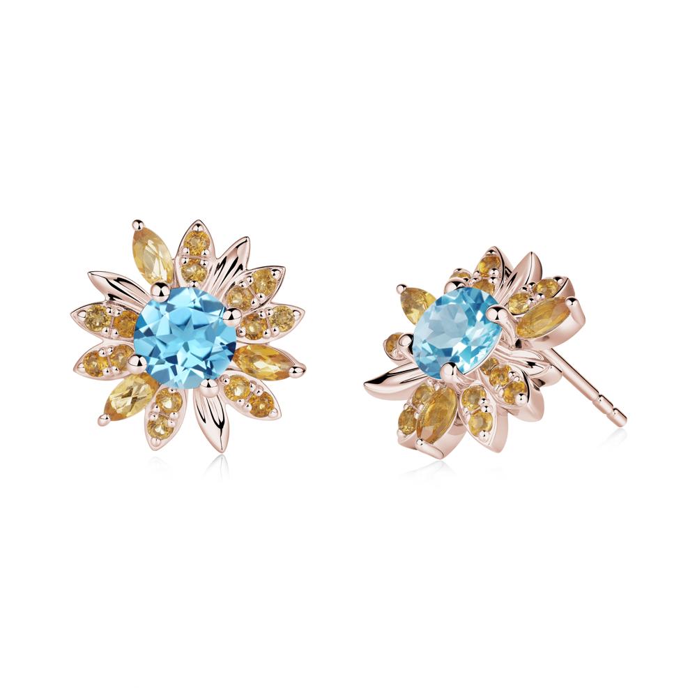 Sunflower Inspired Swiss Blue Topaz and Citrine Stud Earrings - LUO Jewelry #metal_14k rose gold