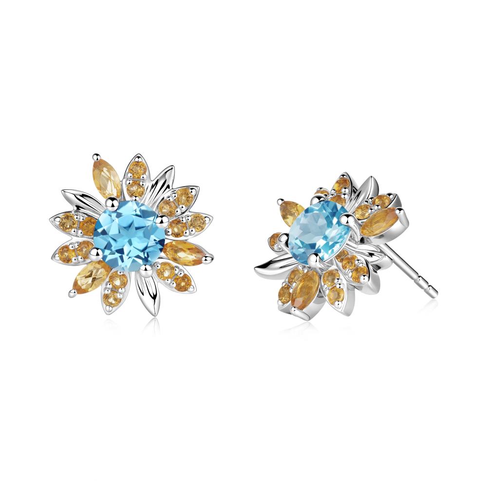 Sunflower Inspired Swiss Blue Topaz and Citrine Stud Earrings - LUO Jewelry #metal_18k white gold