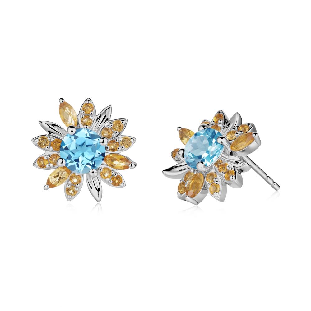 Sunflower Inspired Swiss Blue Topaz and Citrine Stud Earrings - LUO Jewelry #metal_platinum