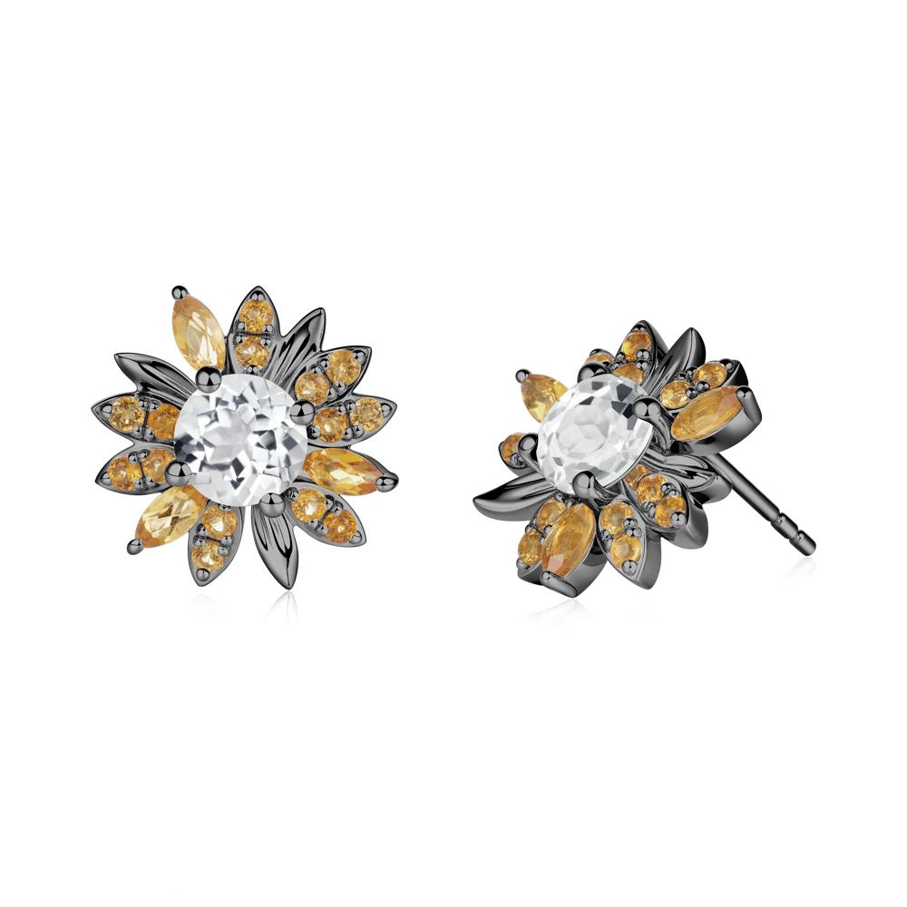 Sunflower Inspired White Topaz and Citrine Stud Earrings - LUO Jewelry #metal_black finish sterling silver