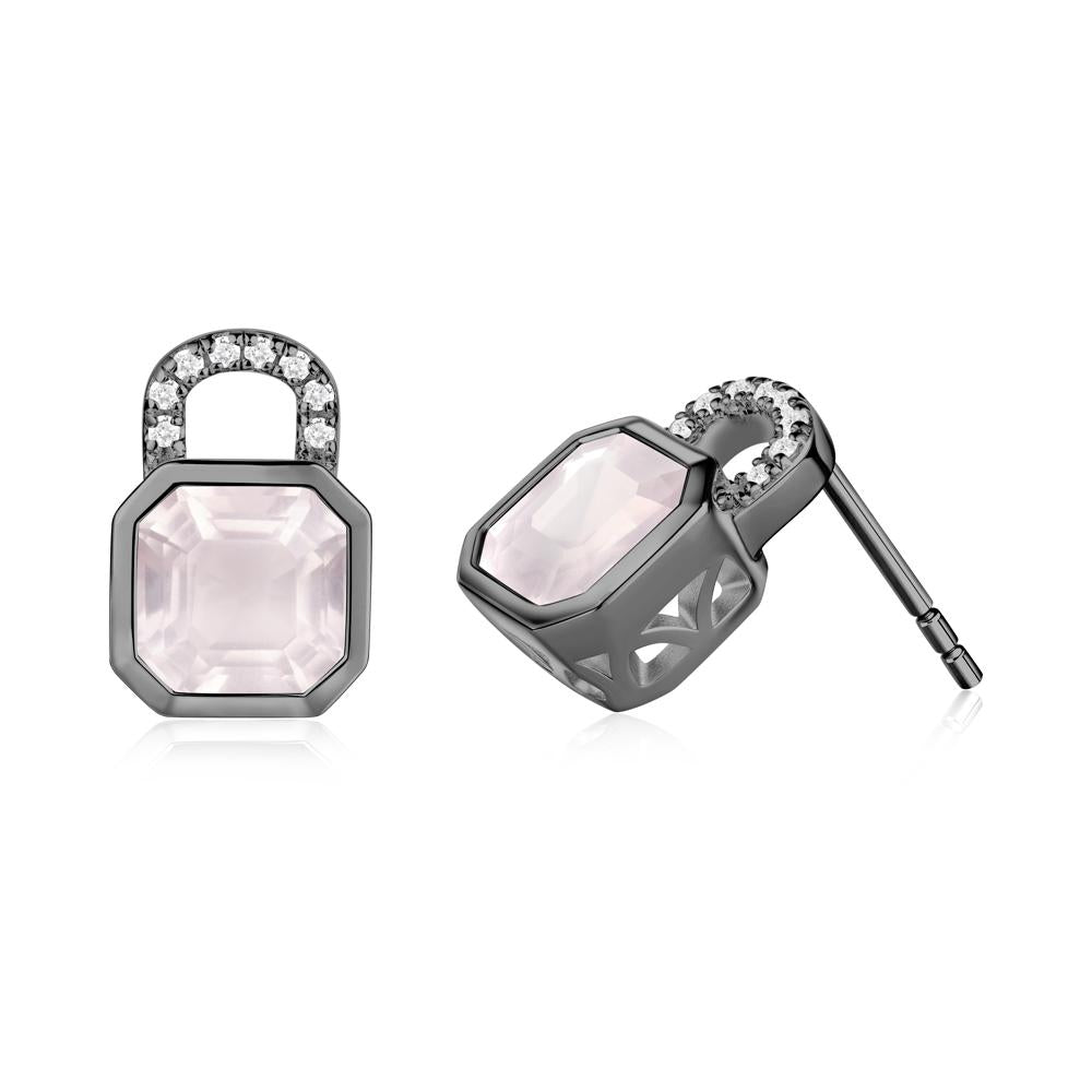 Bezel Rose Quartz Stud Earrings - LUO Jewelry #metal_black finish sterling silver