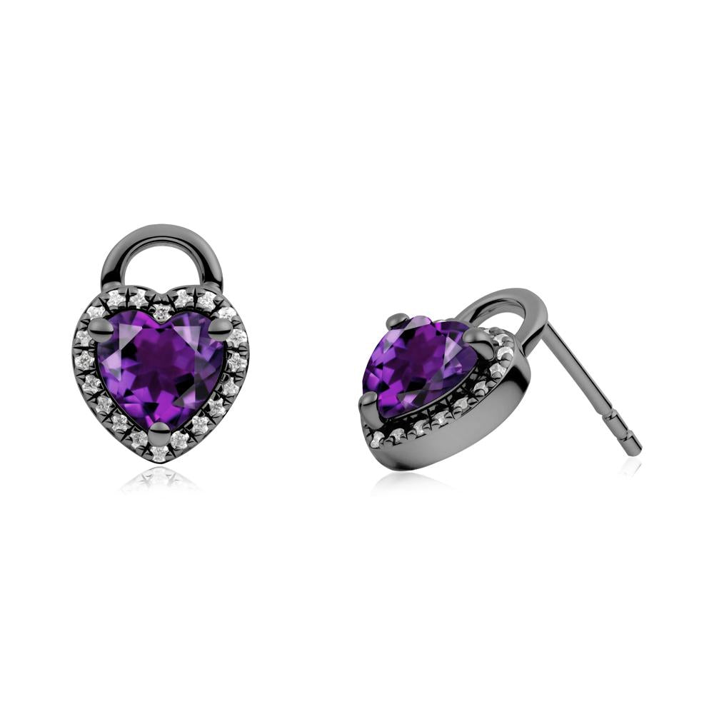 Heart Shaped Amethyst Halo Stud Earrings - LUO Jewelry #metal_black finish sterling silver
