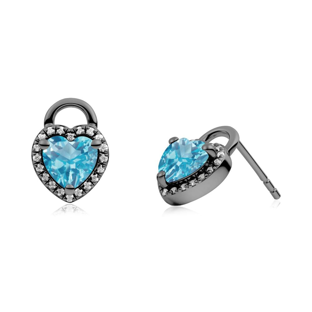 Heart Shaped Swiss Blue Topaz Halo Stud Earrings - LUO Jewelry #metal_black finish sterling silver