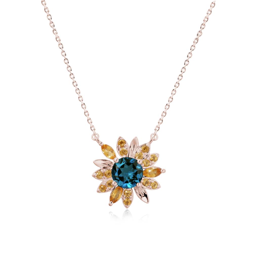 Round London Blue Topaz and Citrine Sunflower Necklace - LUO Jewelry #metal_14k rose gold
