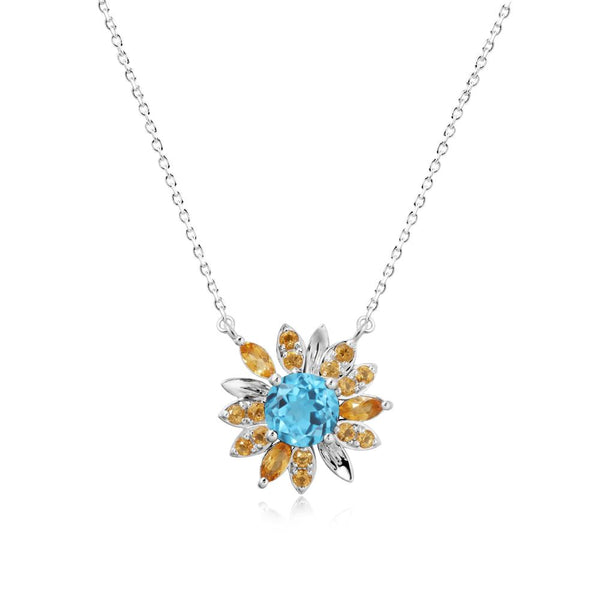 Swiss Blue Topaz and Citrine Sunflower Pendant Necklace - LUO Jewelry #metal_sterling silver