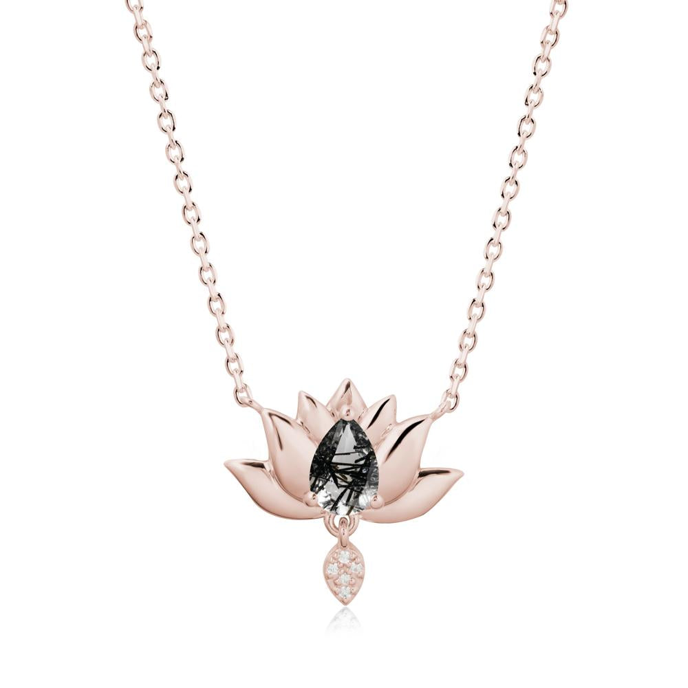 Pear Shaped Black Rutilated Quartz Lotus Flower Pendant - LUO Jewelry #metal_14k rose gold