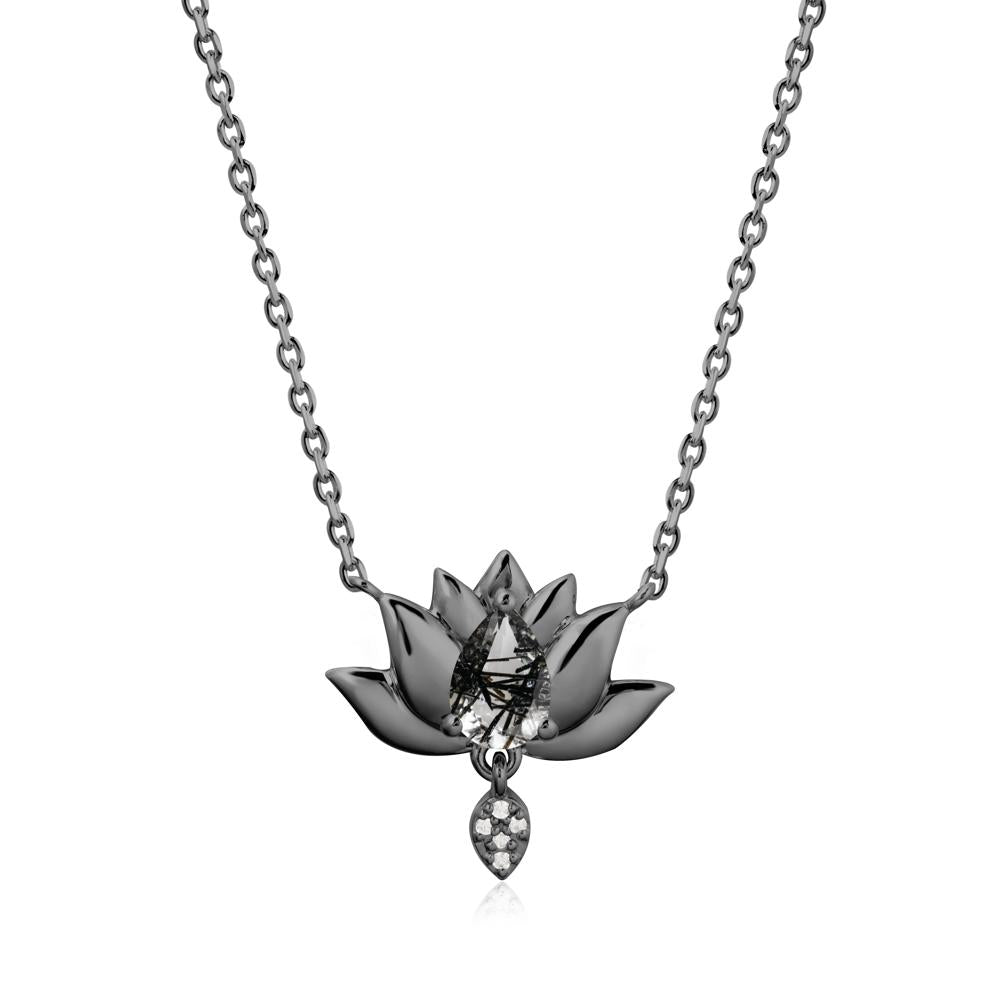 Pear Shaped Black Rutilated Quartz Lotus Flower Pendant - LUO Jewelry #metal_black finish sterling silver