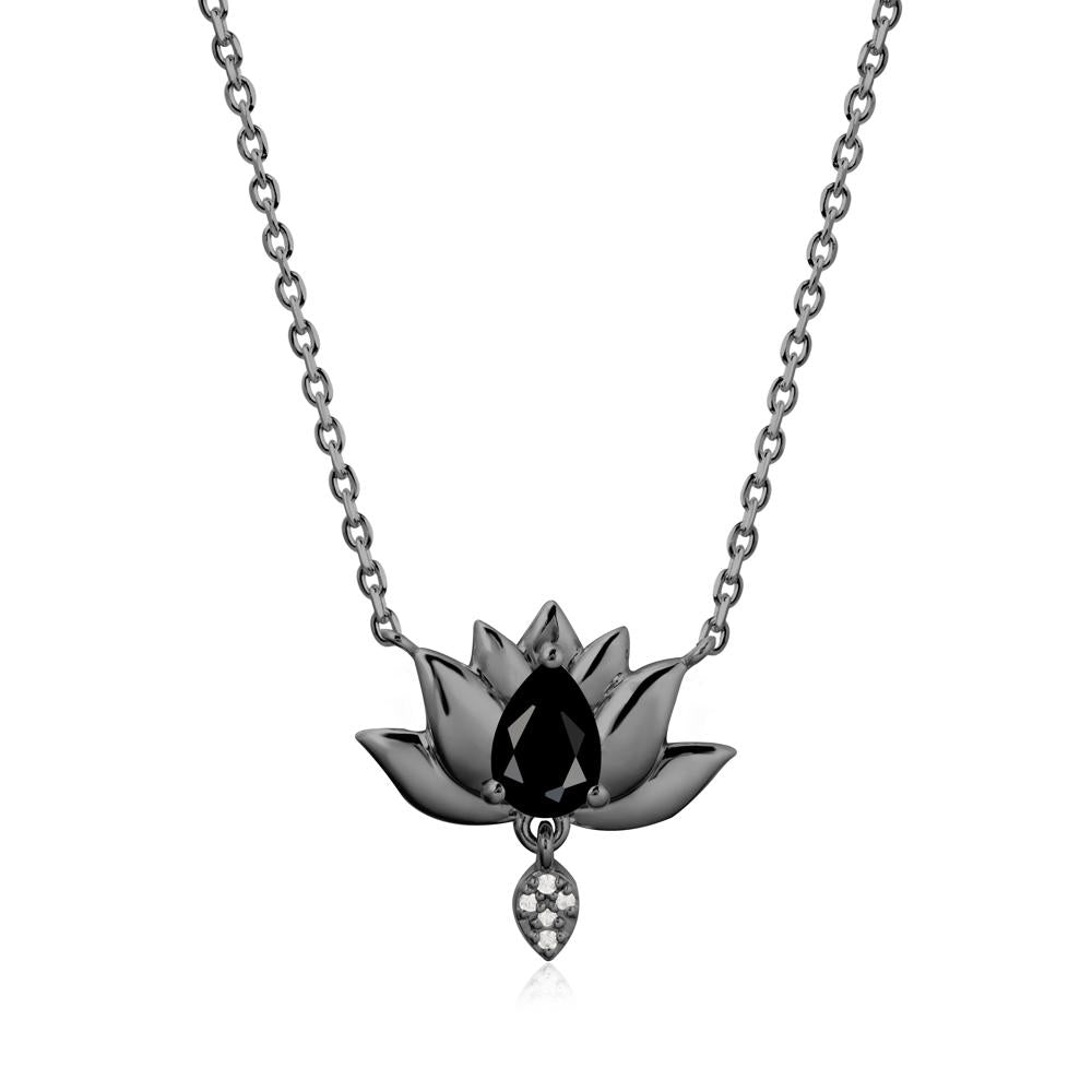 Tear Shaped Black Spinel Lotus Necklace - LUO Jewelry #metal_black finish sterling silver