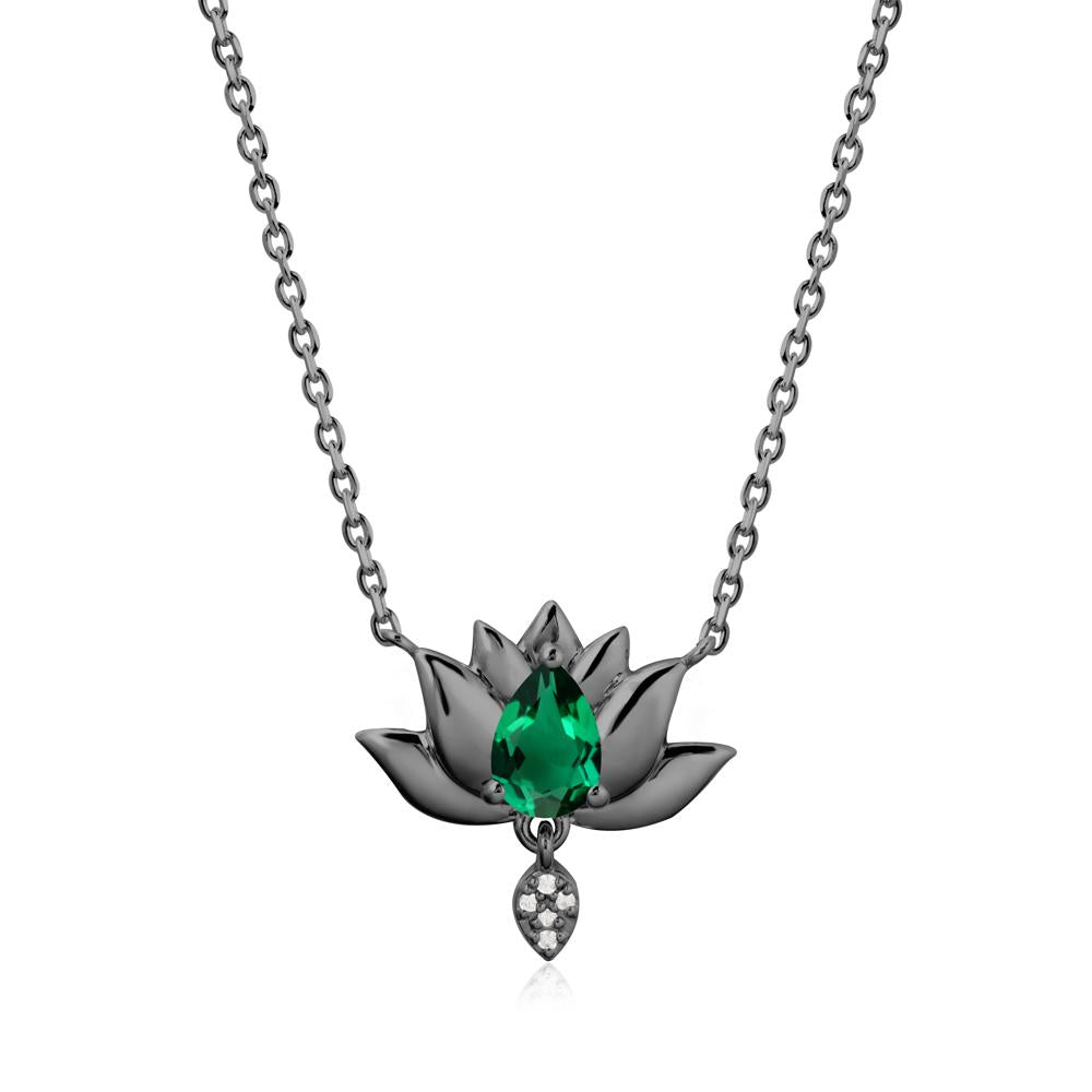 Pear Shaped Emerald Lotus Flower Pendant - LUO Jewelry #metal_black finish sterling silver