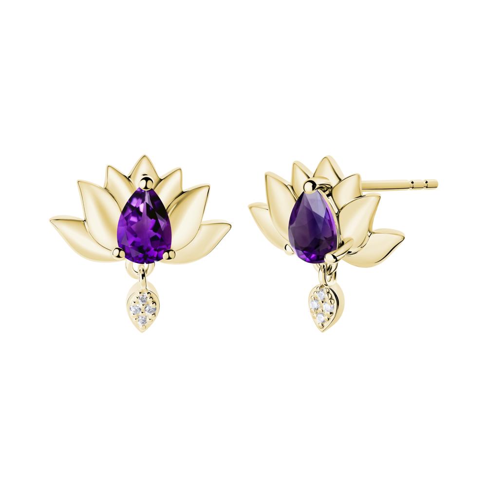 Tear Shaped Amethyst Lotus Stud Earrings - LUO Jewelry #metal_18k yellow gold