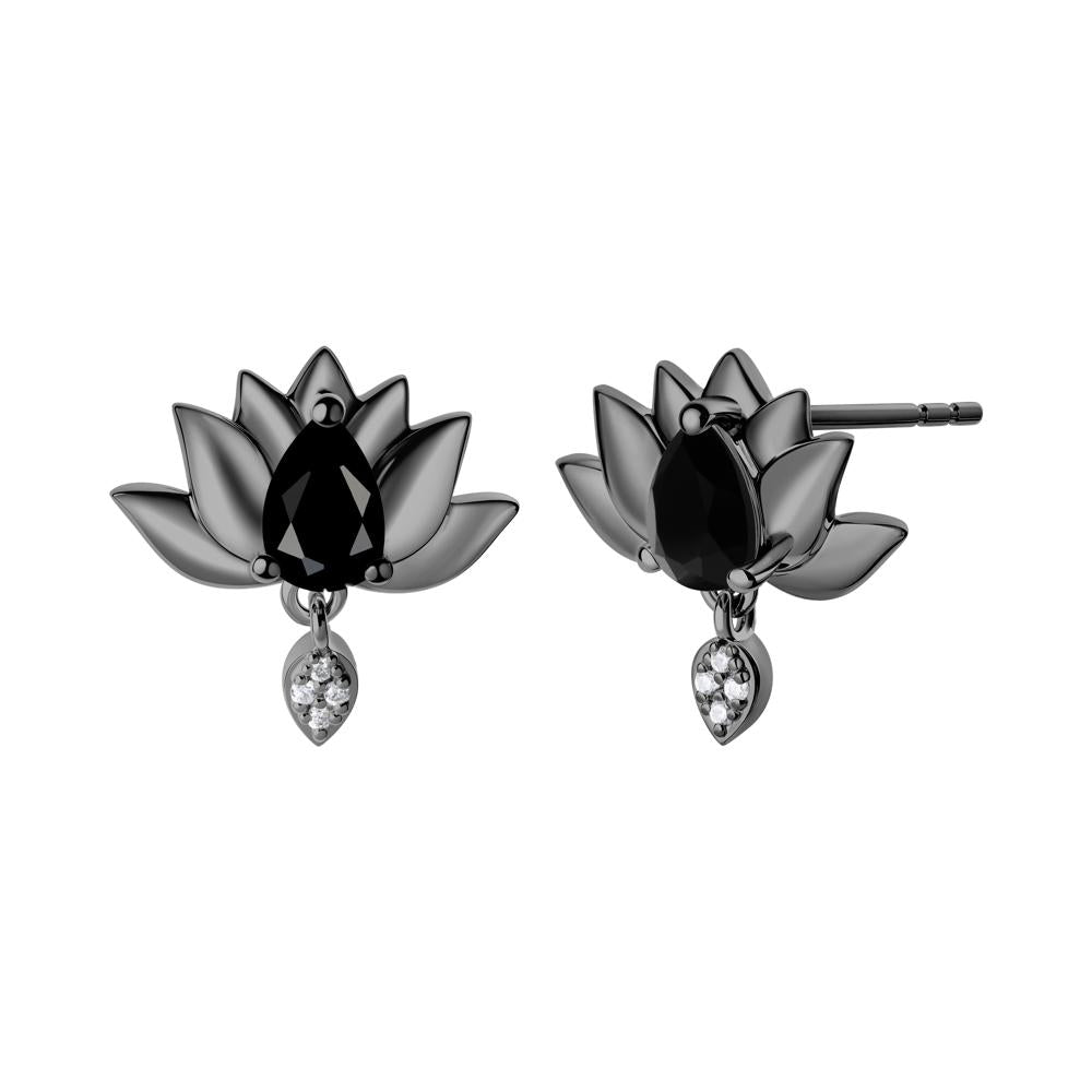 Pear Shaped Black Spinel Lotus Flower Earrings - LUO Jewelry #metal_black finish sterling silver