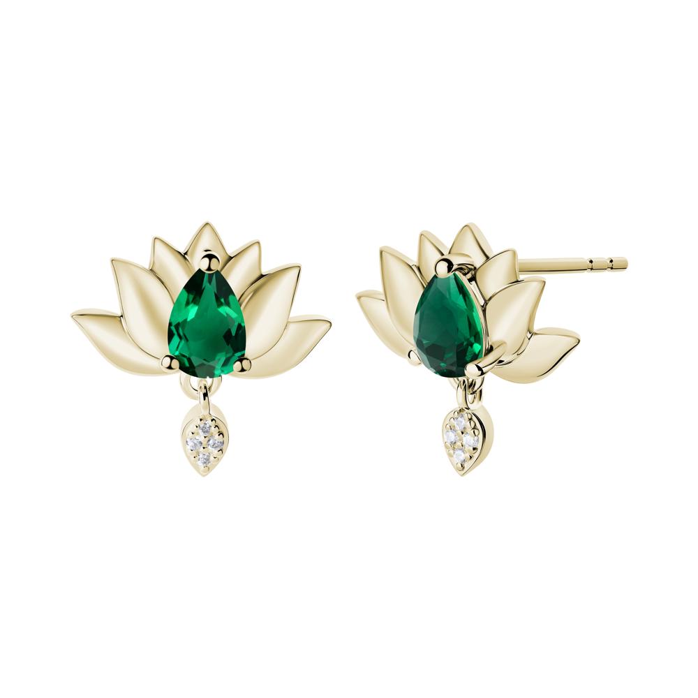 Pear Shaped Emerald Lotus Flower Earrings - LUO Jewelry #metal_14k yellow gold